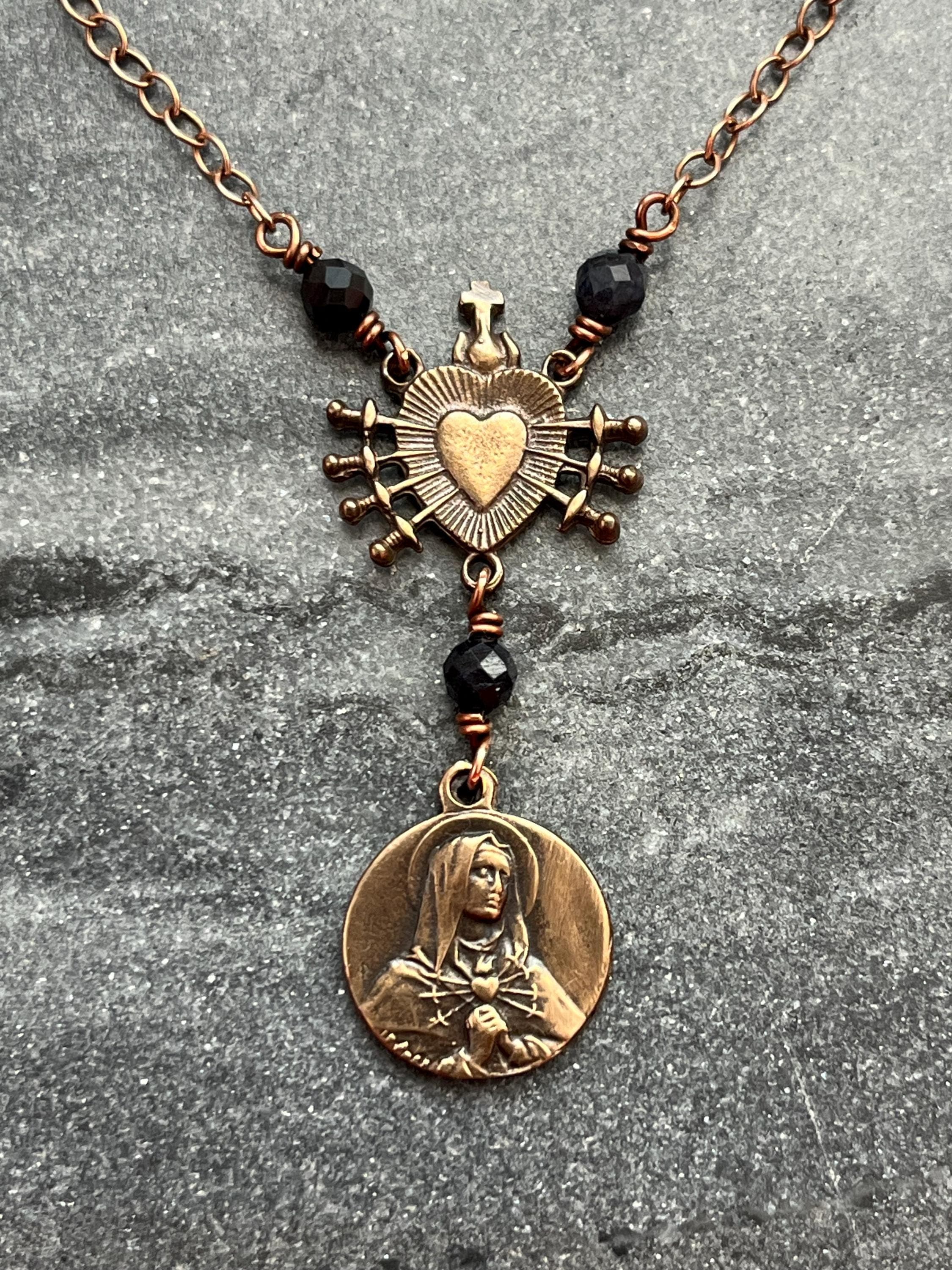Immaculate Heart Our Lady of Sorrows Necklace - Solid  Bronze or Sterling Silver