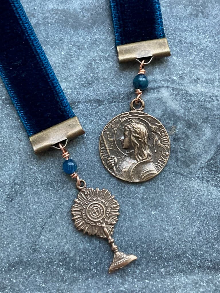 Velvet Catholic Bookmark - Blessed Sacrament and Joan of Arc - Bronze - Blue Velvet