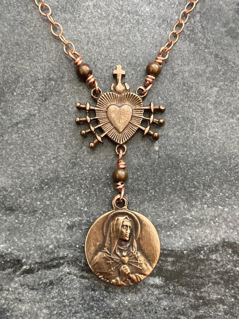 Immaculate Heart Our Lady of Sorrows Necklace - Solid  Bronze or Sterling Silver